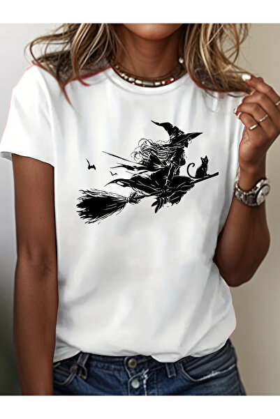mercoledi Tricou pentru femei cu imprimeu Witch, cu gât rotund, croială normală