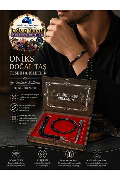 GÜMÜŞTEL EL SANATLARI Certified Onyx Natural Stone Prayer Beads & Bracelet in...
