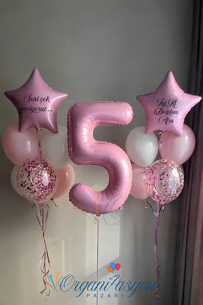 Organizasyon Pazarı Kişiye Özel Pembe Rakam 5 Folyo Balon Seti Yıldızlı Konfe...