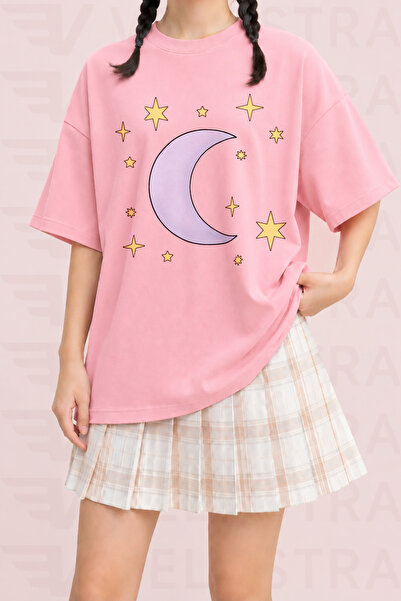 Velostra Women's Kawaii Moon and Star Printed Oversize Crew Neck Cotton Casua...
