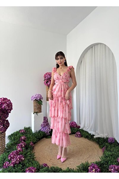 Caddebostan Moda Çiçek Desenli Kat Kat Fırfırlı Sırt Dekolteli Maxi Şifon Elbise
