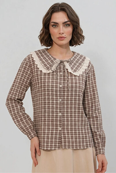 Generic Brand Women's Lace Collar Checkered Patterned Brown Shirt