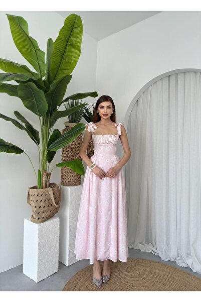 Caddebostan Moda Square Neck Floral Patterned Shoulder Tie Midi Dress
