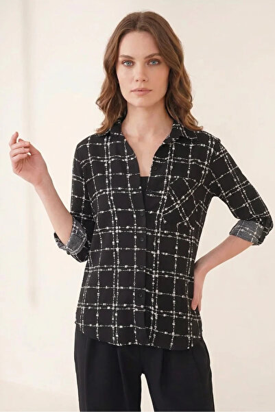 Efnaz style Women's Single Pocket Striped Pattern Viscose Black Shirt