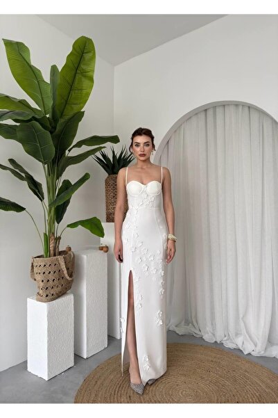 Caddebostan Moda Rose Detailed Strapless Long Evening Dress with Slit