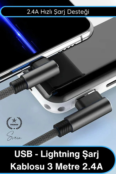 Svein #Lightning USB Lightning Şarj Kablosu 3 Metre 2.4A Hızlı Şarj Veri Akta...