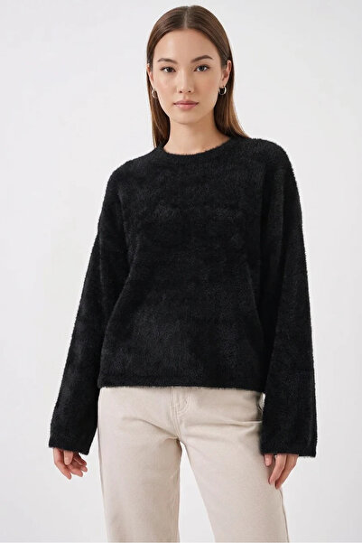 buğrahayalin Women's Round Neck Soft Textured Knitwear Black Sweater