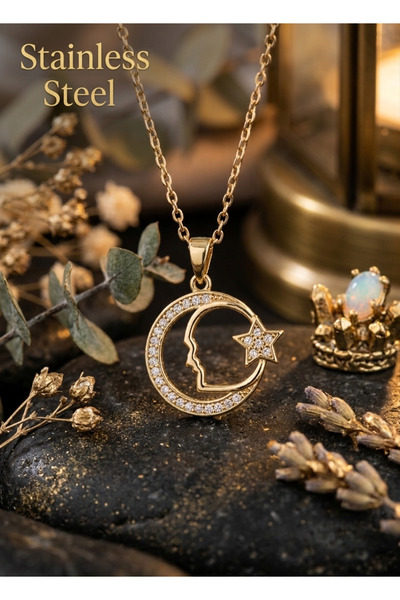 stainless steell 316L Steel Chain Gold Color Zircon Stone Moon Star Symbol At...