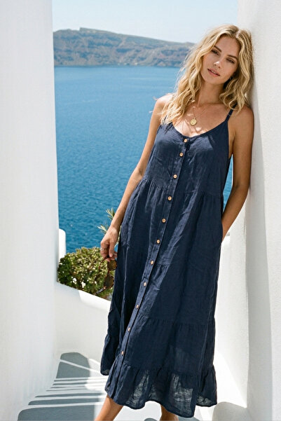 LAGRANZE Resort Collection Buttoned Front Layered Linen Dress