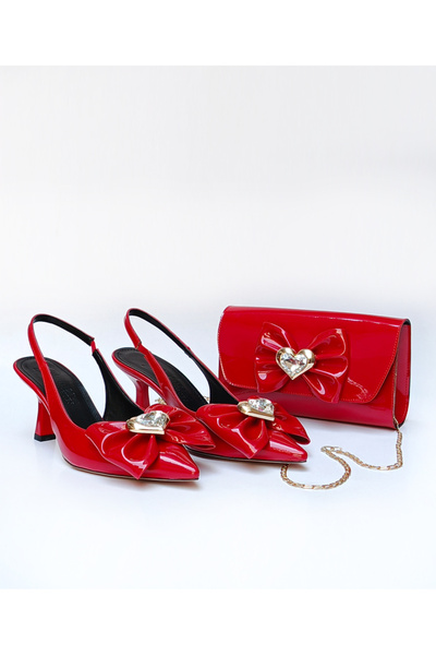 DUDYEN SHOES Γυναικείο Σετ Παπούτσια και Τσάντα με Τακούνι 7 εκ. από Κόκκινο ...
