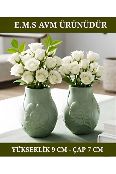 E.M.S AVM 2 Pieces Mint Green Color Flower Patterned Vase Decorative Vase Dec...