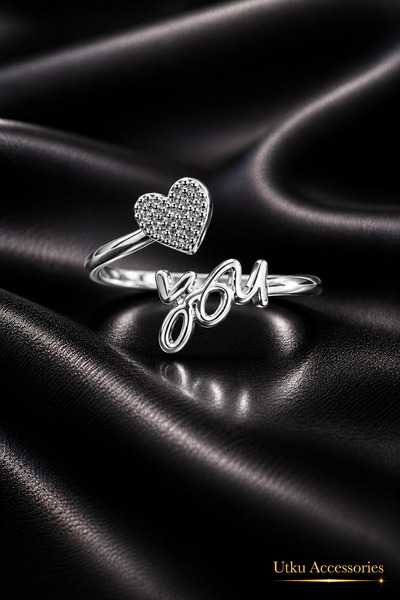 utkuergin Adjustable Steel Ring with Love-Themed Heart and Love Inscription
