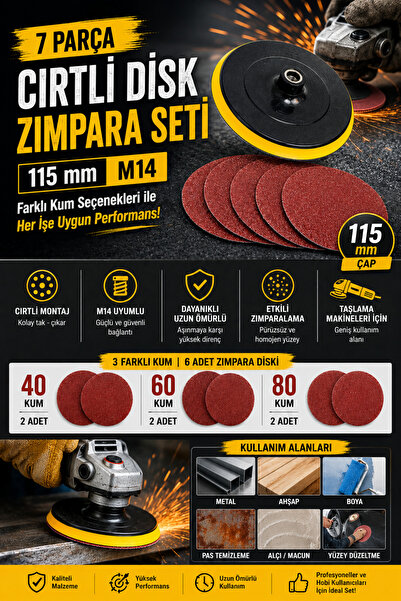 Zephoo 115 mm Cırtlı Zımpara Seti 7 Parça M14 Taşlama Makinesi Uyumlu 40 60 8...