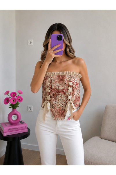 Ekim Store Krem Korseli Beyaz Bağcıklı Büstiyer Bluz