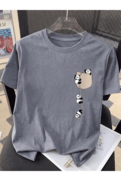 Oksit Slatka panda grafička vezica C Sa detaljem džepa kratki rukav O Oversiz...