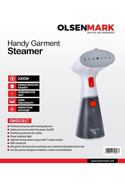 Olsenmark Handheld Garment Steamer, 1000W - 120ml Water Tank - ON/OFF Steam L...