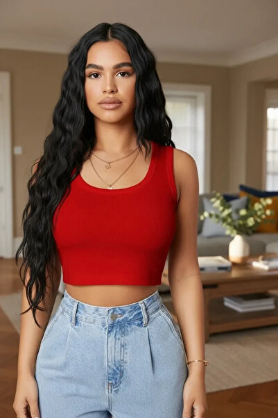 Generic Brand Women's Red Modern Fit Square Neck Crop Top Blouse