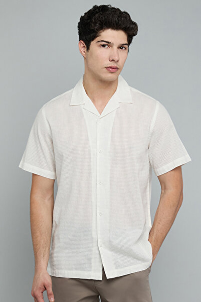 R&B Textured Shirt with Revere Collar and Short Sleeves