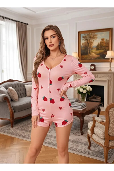 Beruflic Women's Pink Strawberry Patterned Pajama Jumpsuit Soft Comfortable H...