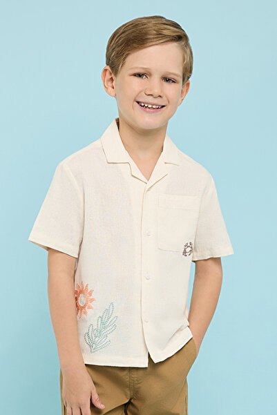 R&B Embroidered Shirt with Revere Collar and Short Sleeves