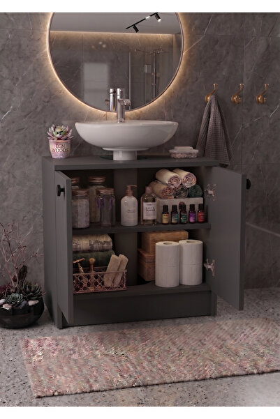 EGN WOODS Antrasit Lavabo Altı Banyo Dolabı - 2 Kapaklı 2 Bölmeli Modüler Depolama Dolabı