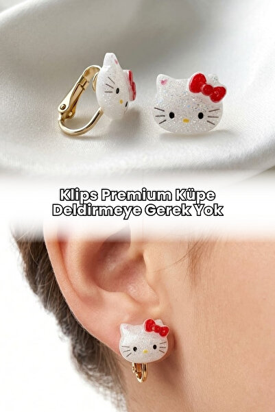 Elifsu Jewelry Klips Küpe Mavi Simli Hello Kityy Tasarımlı