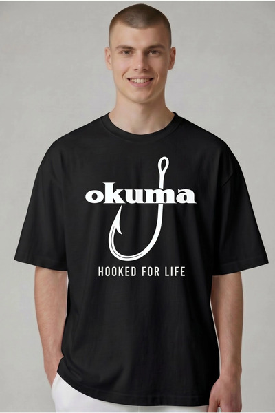 ETİFA Oversize Balıkçı Tişörtü Okuma Hooked For Life %100 Pamuk Premium Siyah...