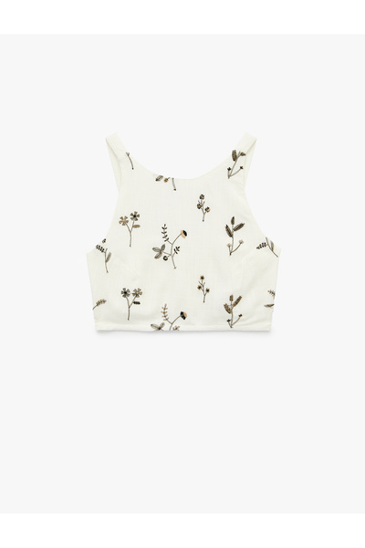 Koton Uski kroj, cvetni vez, detaljno izvezen halter izrez, kratka bustija