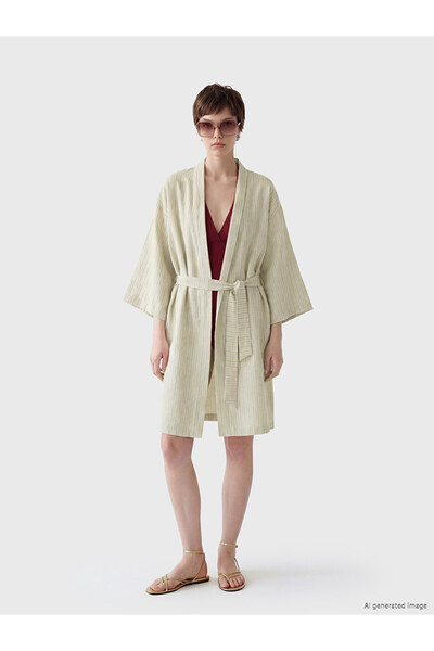 LC Waikiki Beige Shawl Collar Linen Look Women's Kimono