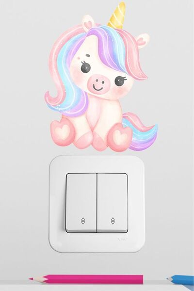 Sevimli Unicorn Çocuk Odası Dekoratif Priz Stickerı 4'lü Paket