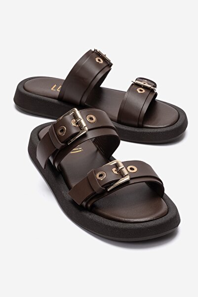 LuviShoes DOREL Kahverengi Hakiki Deri Tokalı Kadın Terlik