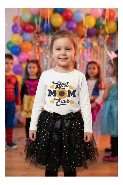 Generic Girls Black Skirt Set, 2-Piece (White Long Sleeve Cotton Top & Star-P...