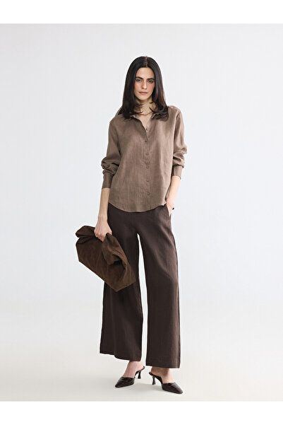 LC Waikiki Lcwaikiki Classic Brown Women's 100% Linen Trousers with Elastic W...