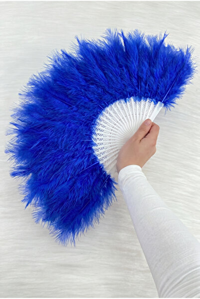 ZEYMERADE Large Size Saks Blue Feathered Bridal Fan, Wedding Henna Bridesmaid...
