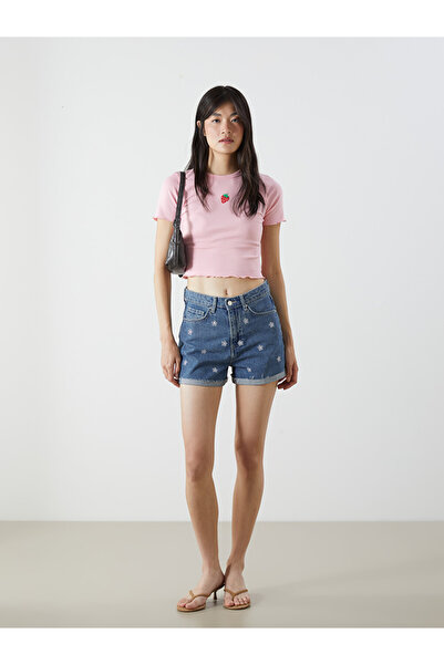 LC Waikiki Blue Standard Fit Floral Embroidered Women's Jean Shorts