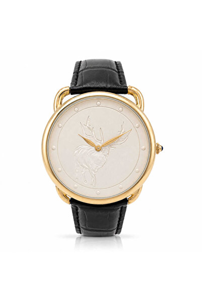 Watch Ceas barbatesc elegant cu model cerb embosat, carcasa aurie, curea neagra