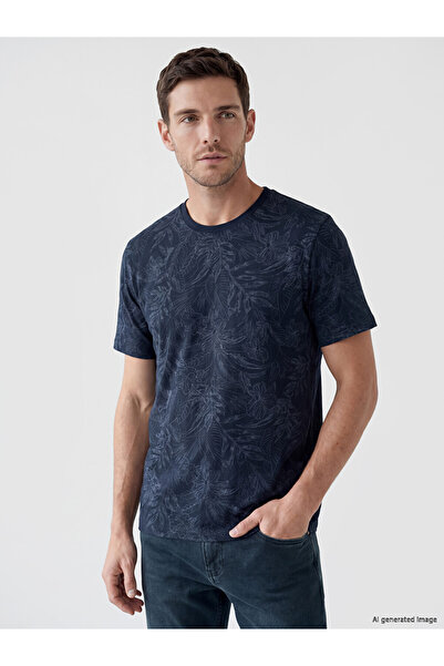 LC Waikiki Navy Blue Crew Neck Patterned Combed Cotton Men's T-Shirt