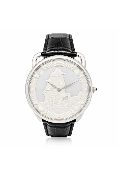 Watch Ceas barbatesc elegant cu cadran reliefat corabie, carcasa argintie si ...