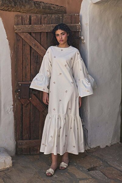 Ceylan Otantik Ecru Cherry Embroidered Flounce Dress