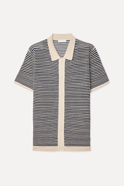 Mudo Men's Ecru Striped Polo Collar Short Sleeve Knit Sweater
