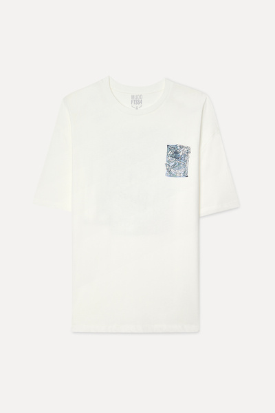 Mudo Men's Off-White Printed Oversize Crew Neck T-Shirt