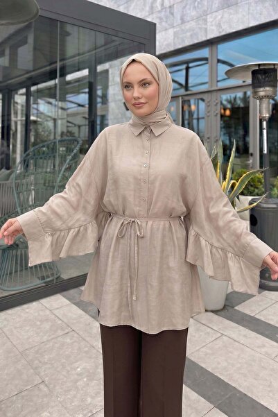Salih Çelebi Volan Detailed Lace-Up Tunic Y0136 - Bej