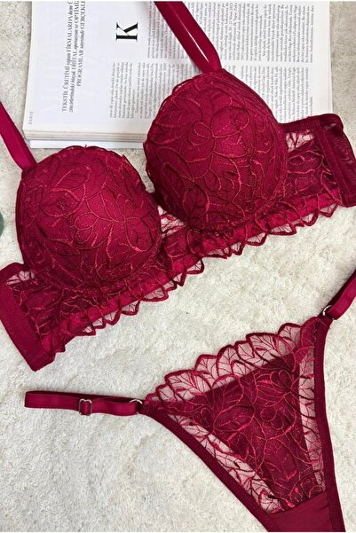 ents Set sutien și chiloți de damă din dantelă brodată, culoare burgundy