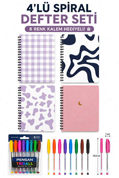 TOMBİ-X 4 Adet A5 Spiral Defter Seti Pastel Tasarım 8 Renk Pensan Triball Kal...