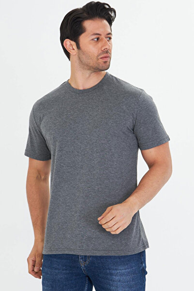 TRENDHİLL Men's Anthracite Melange Cotton Crew Neck Large Size T-Shirt Ant5014B