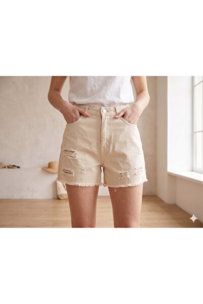 BORCKA TEKSTİL Pantaloni scurți din denim pentru femei, cu tiv rupt, talie în...