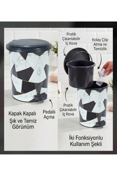 ÇEÇEN HOME (3 NO 18 LİTRE) Pedallı Çöp Kovası İç Kovalı Basmalı Çöp Kovası De...