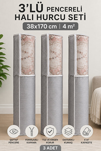 Mercan 3'lü Pencereli Halı Hurcu 38x170 cm 4 m² Gri Çizgili Fermuarlı Halı Sa...