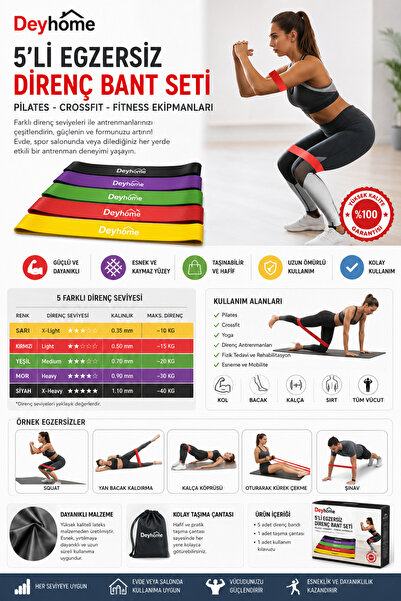 DEYHOME 5’li Egzersiz Direnç Bant Seti – Pilates, Yoga, Crossfit ve Fitness D...
