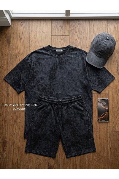 LAND MODA Vintage Washed Oversize Unisex Set – T-Shirt and Shorts Set Black